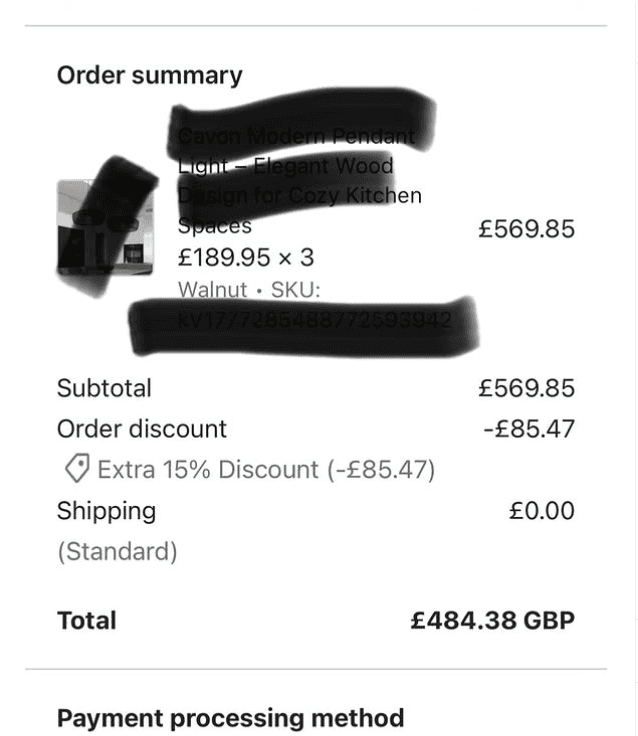 Archived order summary showing a three-unit order totalling £484.38