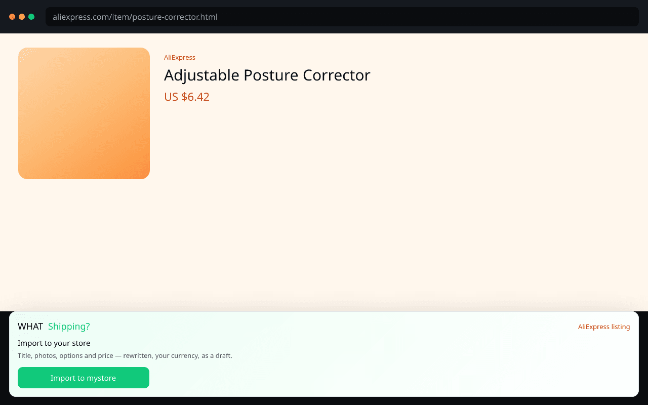 Import an AliExpress listing as a rewritten Shopify draft.